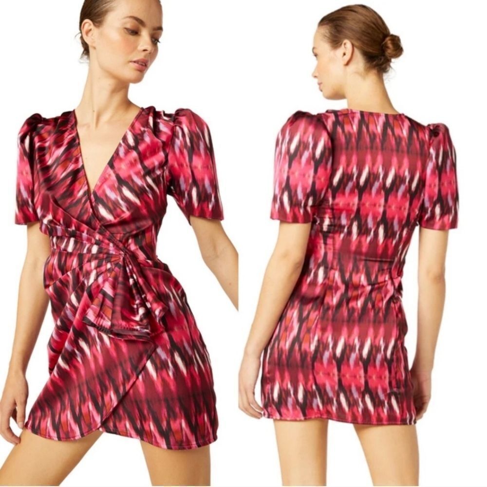 Misa Amina Pink Printed Puff Sleeve Mini Wrap Dress Nwt Size Extra Small